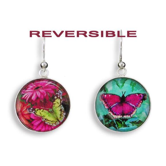 Zarah Butterfly Dangle Earrings Rhodium-Plated Reversible Art Glass 2 Designs - Picture 1 of 2
